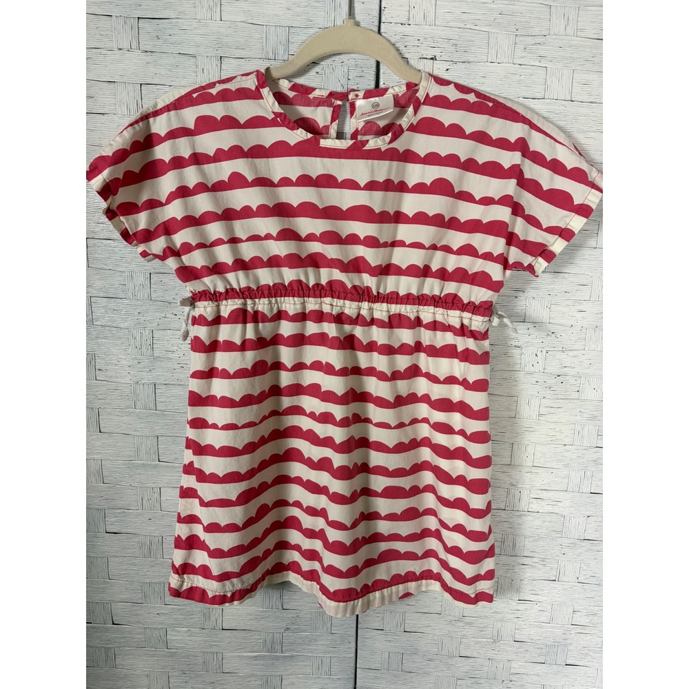 Hanna Andersson Girls Pink White Scallop Stripe Cotton Dress drawstring waste